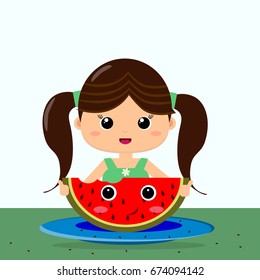 The girl sits at the table and eats a watermelon smile./
Girl and watermelon smile in cartoon style.


