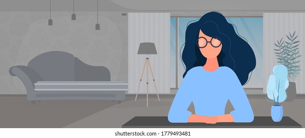 The girl sits at the table with folded arms. Woman with glasses at the table close-up. Banner with a place for the text. Good for business topics. Vector.