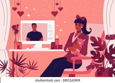Das Mädchen sitzt an einem Tisch vor einem Computerbildschirm. Feiern Sie den Valentinstag online. Die Frau kommuniziert mit ihrem Freund im Chat. Vektorgrafik