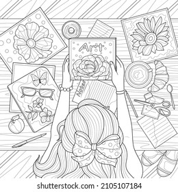 
The girl sits at the table and holds a book. View from above.Coloring book antistress for children and adults. Illustration isolated on white background.Zen-tangle style.