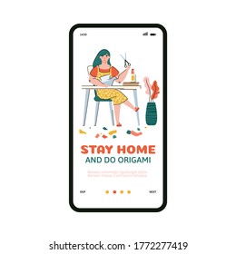 A girl sits at a table and makes origami out of paper. Home activities: home education Hobbies. Flat line illustration of a girl in quarantine due to the flu epidemic. Vector template for a mobile app