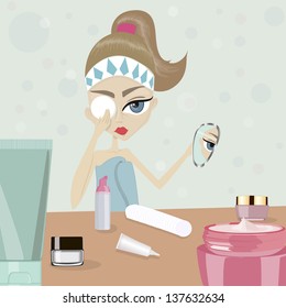 The girl sits at a table and removes make-up with cotton pad. Cosmetics. vector