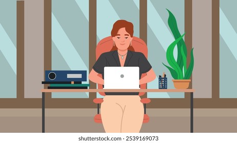 A girl sits at a table and works at a computer in the office. Flat vector illustration