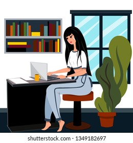 The girl sits at the table and works on a laptop. The interior of the room. Illustration in flat style