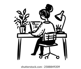 Girl sits at the table and works on a laptop. Home Office. Work and Studying at home or freelance. Vector illustration.