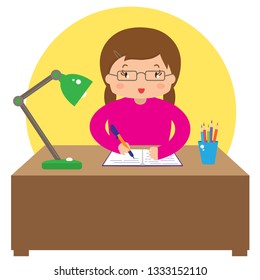 A girl sits at the table and writes in a notebook. Vector illustration.