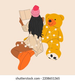 The girl sits with a teddy bear wrapped in a garland with books. Vector in cartoon style. All elements are isolated