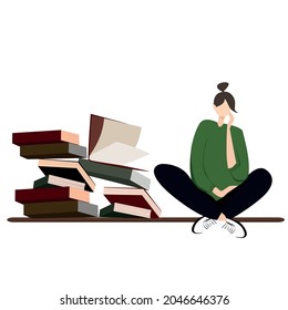 girl sits thoughtfully near the stacks of books. Vector illustration in a flat style isolated on a white background