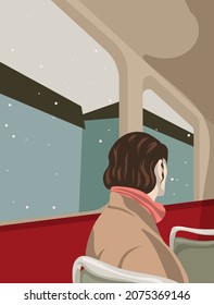 A Girl Sits In A Tram, Bus, Train When It Is Snowing Outside The Window. A Girl Wrapped In A Scarf Looking Through The Transport Window At The Snow. Flat Vector Illustration.