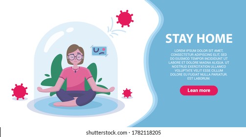 The girl sits under a dome in an apartment under full protection and meditates while the virus knocks on her. Stay home. Greenery in the house. Coronavirus protection concept. Webbaner. EPS 10.