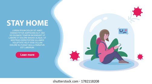 A girl sits under a dome in an apartment under full protection and reads a book while a virus knocks on her. Stay home. Greenery in the house. Coronavirus protection concept. Web Banner. Covid-19.