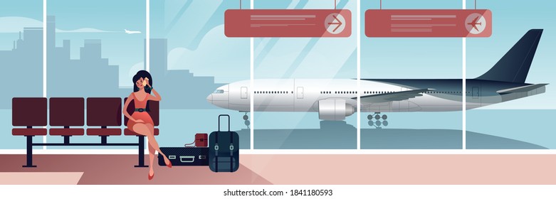 A Girl Sits And Waits For A Greeter While Talking On Her Mobile In Airport Arrival Lounge. Life In An Air Passenger Scene. Flat Design Landscape Vector Illustration.