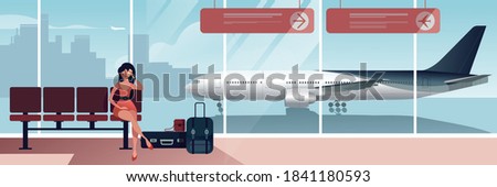 A girl sits and waits for a greeter while talking on her mobile in Airport arrival lounge. Life in an air passenger scene. Flat design landscape Vector illustration.