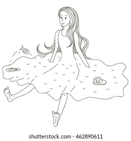 girl sits in the water,  as  dress, hair like  waterfall. Vector illustration. Black contour isolated on white background.