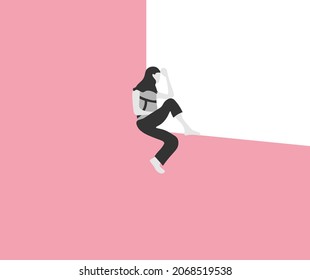 The girl sits in the window opening with her legs dangling. Conceptual flat vector illustration.