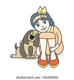 Girl sits with, child hugging a dog,