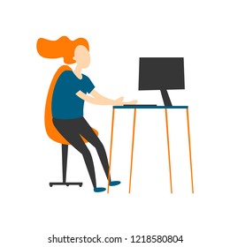 Girl sits working at the computer, office life, business. Flat style vector illustration.