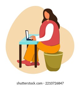 The girl sits at the working steel and works remotely. Online learning. Vector stock illustration. White background. A character without a face. office.