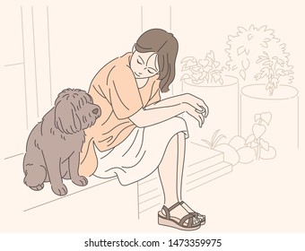 A girl sits in the yard with a cute dog. Sweet and emotional illustration. hand drawn style vector design illustrations.