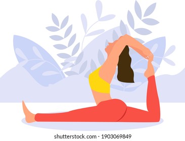 A Girl Sits In A Yoga Pose Against The Background Of Abstract Foliage. Flat Vector Illustration