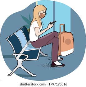 
girl sitting at the airport wearing a mask