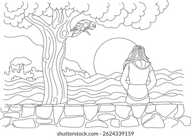 Menina sentada sozinha perto do rio Colorir Página Ilustração, Ilustração de arte de linha de uma menina sentada sozinha em uma parede de pedra, olhando para fora sobre um rio calmo ou água ao pôr do sol ou ao nascer do sol. Uma árvore com um