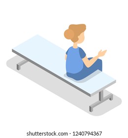 Girl sitting alone on the white bench. Female character in blue clothes. Vector isometric illustration isolated