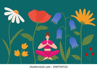 A girl sitting among giant flowers, in a lotus position, a girl in one of the yoga poses sits with closed eyes among poppies, daisies and other hypertrophied flowers