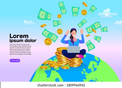 A Girl Sitting Among The Money On The Globe. International Money Transfer, Growth, Income. Vector Illustration.