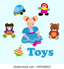 Girl sitting among toys. Colorful things in cartoon style for kids banner vector illustration. Childish design with doll, clown, bear, car for textile, fabric, wrapping paper.