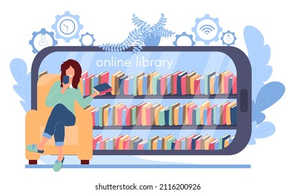 Girl is sitting in an armchair and choosing a book in an online library. In the background is a smartphone in the form of a bookcase. Online library via smartphone application. Vector illustration