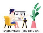 Girl sitting in armchair at home. Woman with computer on the chair. Freelance or studying concept. Female character, chatting online using laptop, drinking hot tea or coffee.