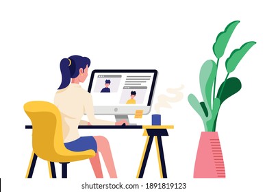 Girl sitting in armchair at home. Woman with computer on the chair. Freelance or studying concept. Female character, chatting online using laptop, drinking hot tea or coffee.