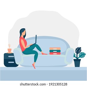 Girl sitting in armchair at home. Woman with laptop on the chair. Freelance or studying concept. Female character, chatting online using laptop, drinking hot tea or coffee.