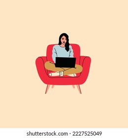 Girl sitting in armchair at home. Woman with laptop on the chair. Freelance or studying concept. Female character, chatting online using laptop, resting