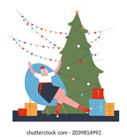 Girl sitting in an armchair next to a Christmas tree. Decorated Christmas tree, flags and a lot of boxes with gifts. Holiday flat vector illustration. 