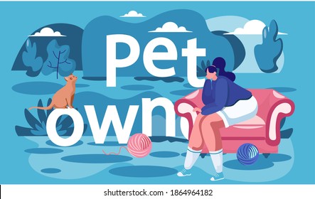 Girl is sitting in the armchair. Owner of the cat resting on the street. Woman is looking at the kitten. A fun time outing with a pet. Female character is playing with small domestic animal