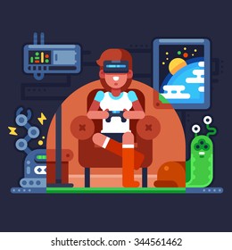 Girl sitting in an armchair and plays using head-mounted device for virtual reality. Vector flat illustration.