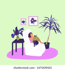 Girl is sitting in armchair and reading book with a cat in cosy room with potted tropical plants. Isolated on white background. Flat style cartoon stock vector illustration.
