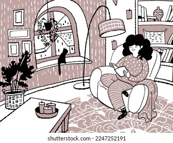 The girl is sitting in an armchair and reading a book in her room. Vector