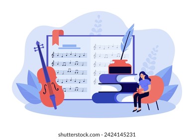 Girl sitting in armchair and reading book vector illustration. Huge violin, music notes and books. Lovers of music and poetry concept