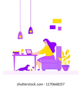 Girl sitting in armchair working on laptop at table freelance work at home. Vector illustration in cartoon style