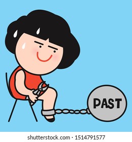Girl Sitting Arrested By Chained At Ball With Text Past On Ankle Legscuffs. Woman Holding Iron Scissors To Cut Or Break The Metal Chain On Legs Concept Card Character illustration