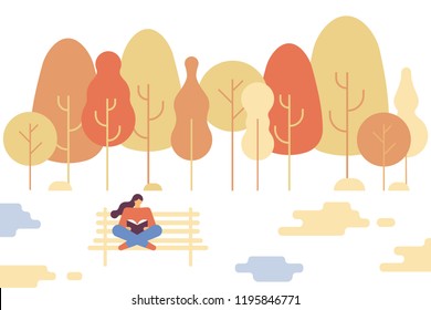 Girl sitting in autumn  park on bench and reading a book. Love reading. Flat  vector illustration.