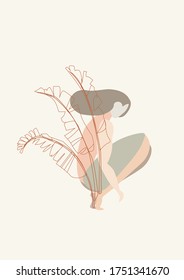 Girl sitting with banana leaves, vector illustration color block style, pastel colors
