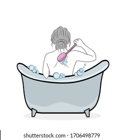 girl is sitting in the bathroom. washes his back. vector illustration.