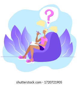 Girl is sitting in a beanbag chair with a question mark above her head in a speech bubble. The concept of learning and thinking about solving a problem. Stock vector  flat illustration isolated.