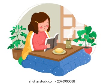 Girl sitting behind a kotatsu illustration. Vector cute female character and low japanese wooden table covered by a futon, or heavy blanket. Modern anime kawaii style illustration.