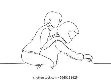 girl sitting behind motorcyclist in helmet holding his shoulders - one line art vector. concept romance with motorcyclist, dangerous riding without helmet. Handmade vector not AI