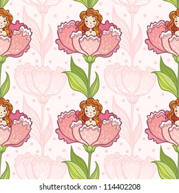 Girl Sitting in a Big Flower. Seamless Pattern Fairy Tale. Floral Background.